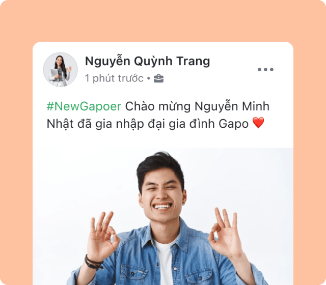 Tạo bài đăng chào mừng thành viên mới với hình ảnh cá nhân hoá, tag thành viên cùng phòng ban để tham gia chào mừng.