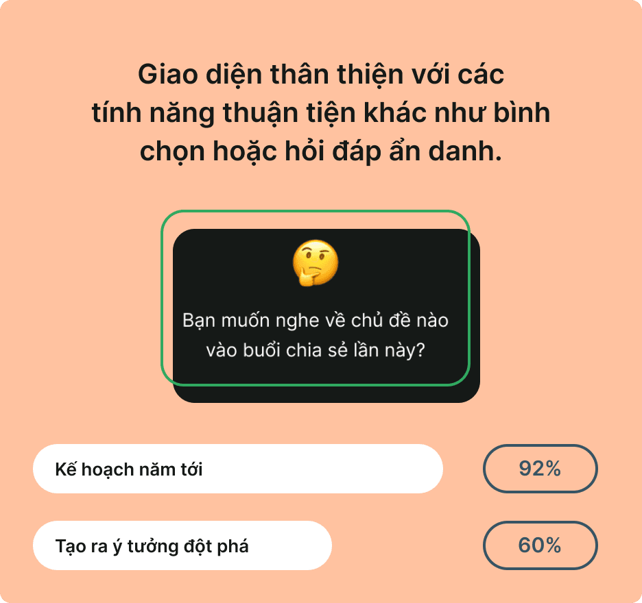 Giao diện thân thiện với các<br> tính năng thuận tiện khác như bình chọn hoặc hỏi đáp ẩn danh.